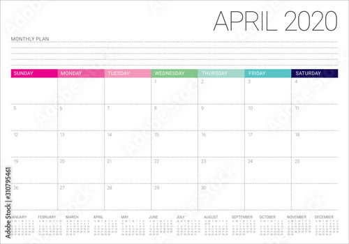 April 2020 desk calendar vector illustration