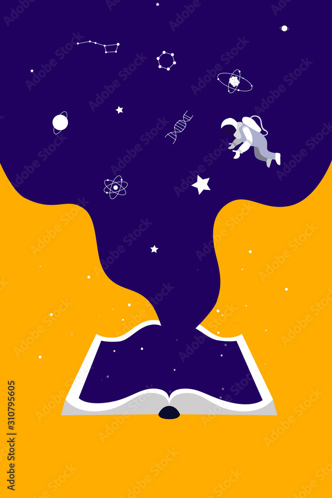 Obraz premium universe inside the book, concept of education and training. Open book on orange background.