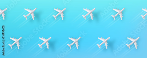 Abstract pattern from flying airplanes on blue background. Realistic 3d planes with trail of smoke and shadow. Vector illustration, eps10.