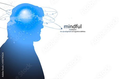 Profile of a young man with mental activity brain and consciousness, with the cosmos as a brain.