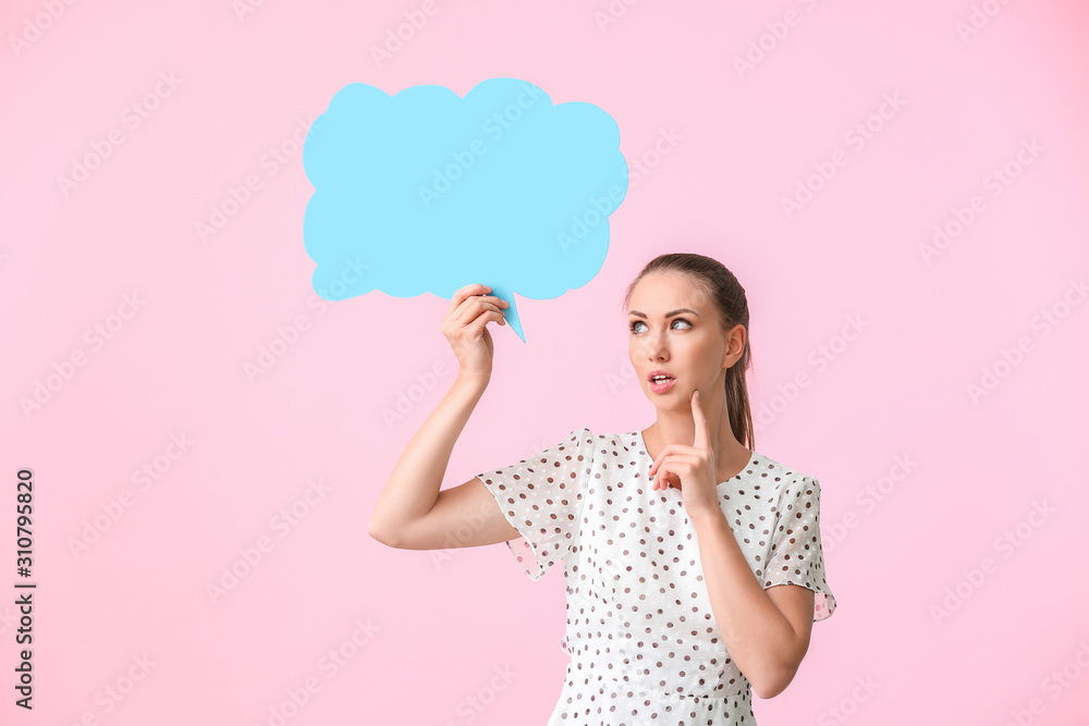 Thoughtful young woman with blank speech bubble on color background Thoughtful young woman with blank speech bubble on color background