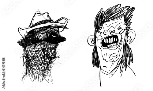Two portraits of guys, one in a hat and a scarf, the other with a funny hairstyle. Black and white illustration, suitable for decoration of youth clothing, posters and advertising.