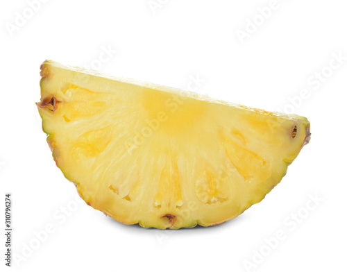 Slice of fresh ripe pineapple on white background