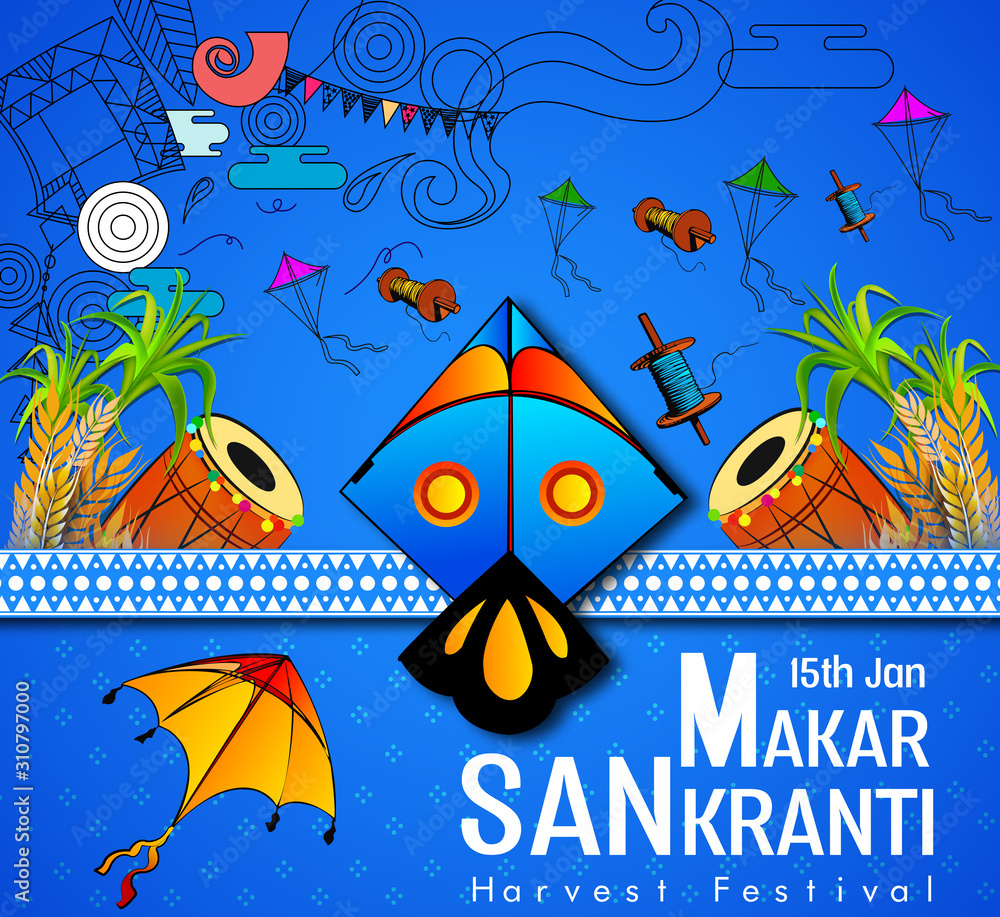 Naklejka premium Modern and Creative Happy Makar Sankranti Festival Background Decorated with Kites