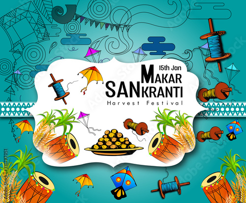 Modern and Creative Happy Makar Sankranti Festival Background Decorated with Kites photo