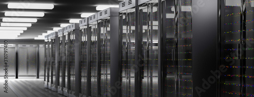 Servers. Server room data center. Backup, hosting, mainframe, farm and computer rack with storage information. 3d render