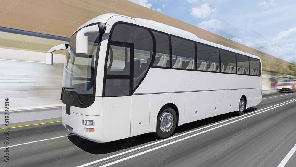 White Passenger Bus Moving on the Road in Daylight 3D Rendering