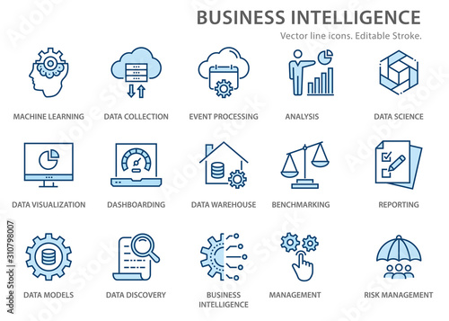 Business Intelligence icons set. Vector illustration. Editable stroke.