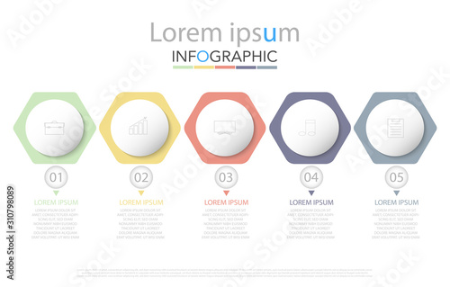 Infographic business concept design with icons and 5 options or steps. Thin line vector. Can be used for flow charts, presentations, web sites, banners, printed materials. EPS 10