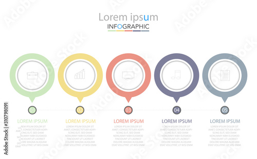 Infographic business concept design with icons and 5 options or steps. Thin line vector. Can be used for flow charts, presentations, web sites, banners, printed materials. EPS 10