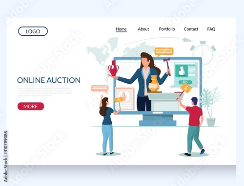 Online auction vector website landing page design template