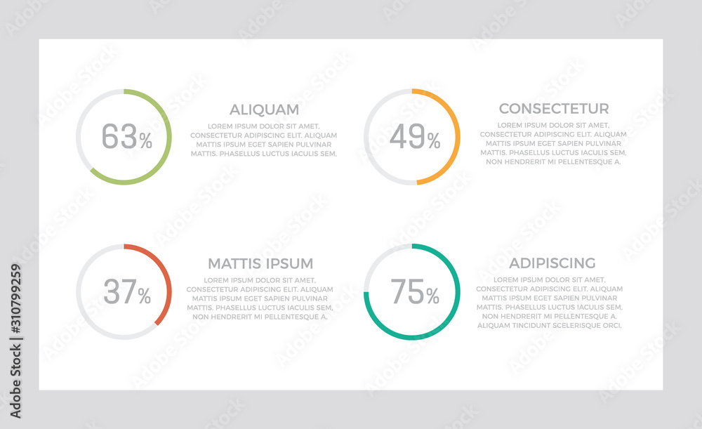 Set of green, turquoise, orange and red elements for infographic presentation slides with charts, graphs, steps, circles, number options.