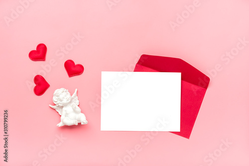 Romantic decoration on pink background Top view Flat lay Happy Valentine's day, birthday, Women's day concept Holiday card Place for text Love in the air  © bmarya83