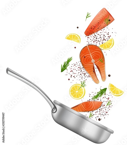 Salmon red fish steaks and pan, vector realistic illustration