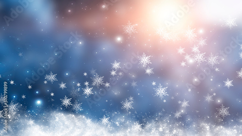 Blurred festive abstract background. Blurry bokeh lights, snowflakes, neon glow