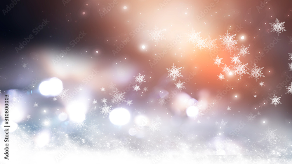 Naklejka premium Blurred festive abstract background. Blurry bokeh lights, snowflakes, neon glow