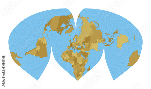 World Map. Alan K. Philbrick's interrupted sinu-Mollweide projection. Map of the world with meridians on blue background. Vector illustration.
