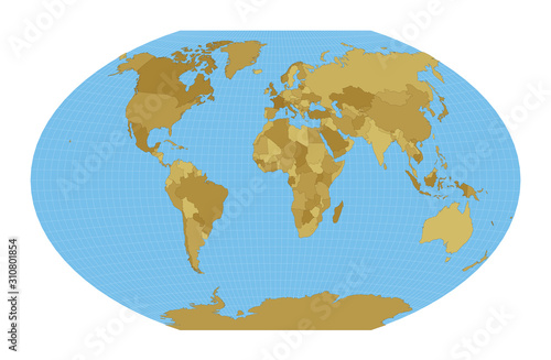 World Map. Winkel tripel projection. Map of the world with meridians on blue background. Vector illustration.