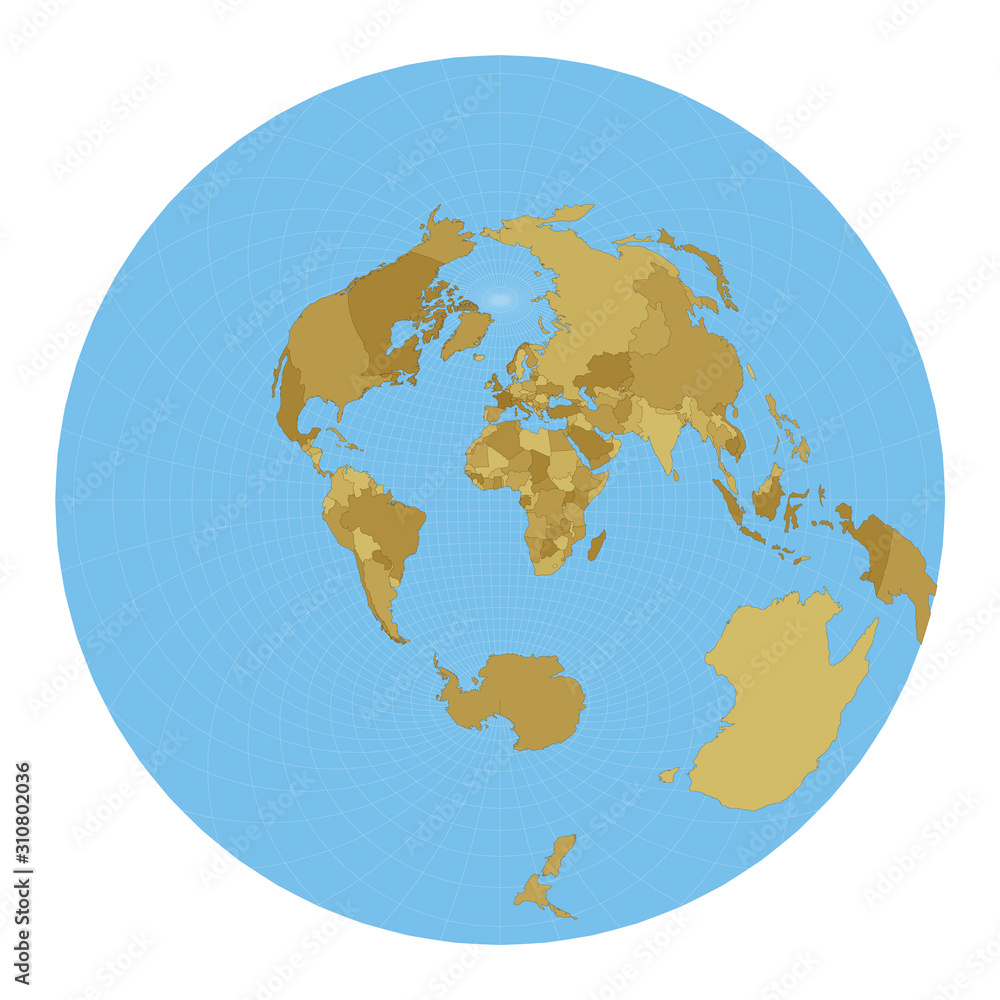 World Map. Airy's minimum-error azimuthal projection. Map of the world with meridians on blue background. Vector illustration.