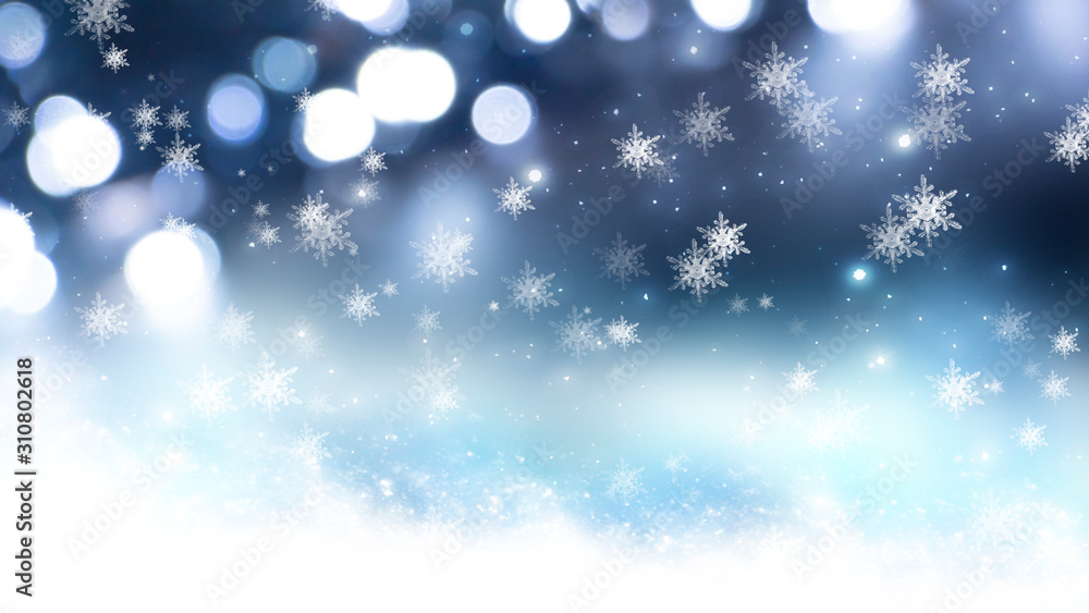 Naklejka premium Blurred festive abstract background. Blurry bokeh lights, snowflakes, neon glow. Empty dark, winter scene with snowflakes, winter dark background. Abstract snow, blizzard. Abstract light, rays, snow. 