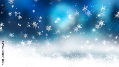 Blurred festive abstract background. Blurry bokeh lights, snowflakes, neon glow. Empty dark, winter scene with snowflakes, winter dark background. Abstract snow, blizzard. Abstract light, rays, snow.  © MiaStendal