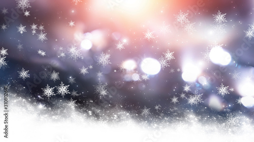 Blurred festive abstract background. Blurry bokeh lights, snowflakes, neon glow. Empty dark, winter scene with snowflakes, winter dark background. Abstract snow, blizzard. Abstract light, rays, snow. © MiaStendal