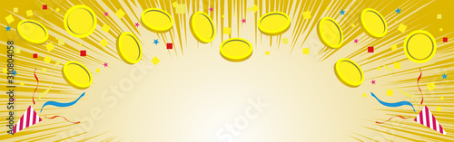 金背景　コインや紙吹雪が舞う背景素材　モバイルバナーサイズ