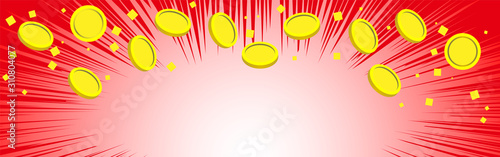 赤背景　コインが舞う背景素材　モバイルバナーサイズ