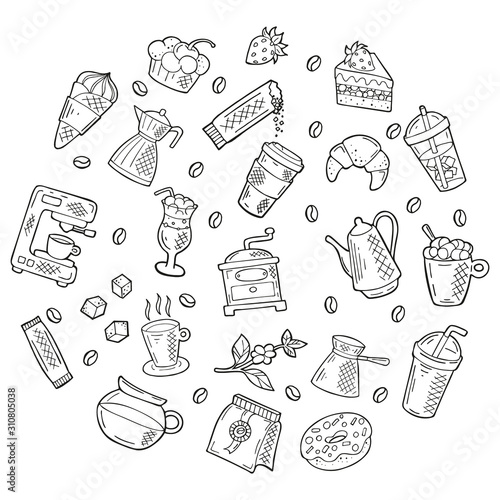 Hand drawn round set with coffee and dessert icons in doodle style. Black outline isolated on a white background. Cute template for coffee shop or cafe, menu, cards, banners. Vector illustration.
