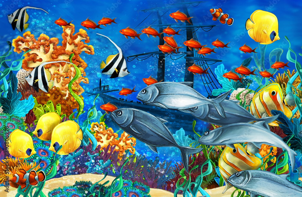 Obraz premium cartoon scene animals swimming on colorful and bright coral reef - illustration for children