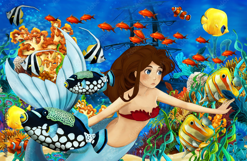 Fototapeta Cartoon ocean and the mermaid in underwater kingdom swimming with fishes - illustration for children