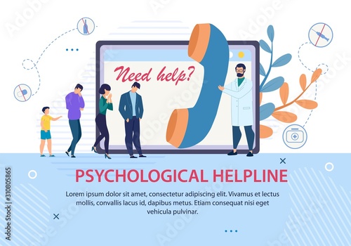 Psychological Helpline Promotion. Advertising Text Banner. Doctor with Huge Handset and Patients Queue. Psychologist Counseling, Support and Help Online. Psychotherapy. Vector Cartoon Illustration
