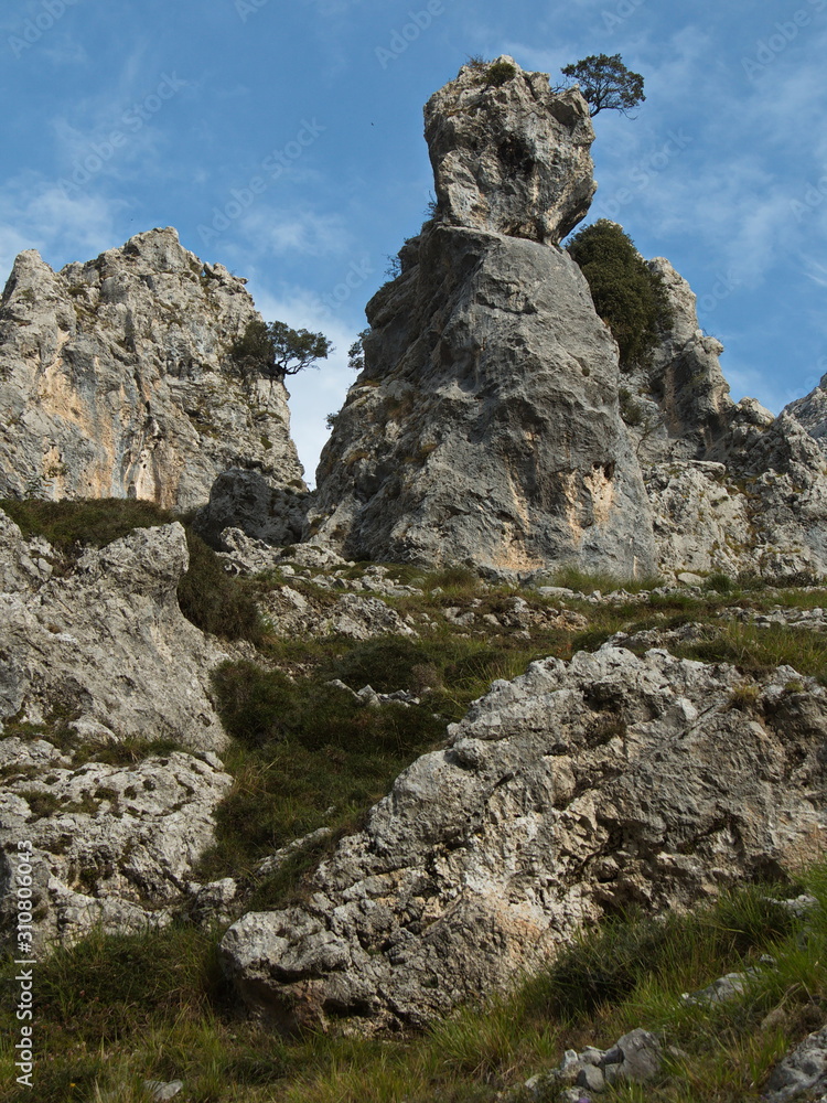 Scenic rock at hiking track Ruta del Cares from Poncebos to Cain in Picos de Europa in Asturia,Spain,Europe Scenic rock at hiking track Ruta del Cares from Poncebos to Cain in Picos de Europa in Asturia,Spain,Europe