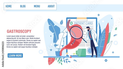 Landing Page Offering Gastroscopy for Medical Checkup Gastrointestinal Tract Functioning. Cartoon Man Gastroenterologist with Magnifying Glass, Patient Card, Endoscope in Stomach. Vector Illustration