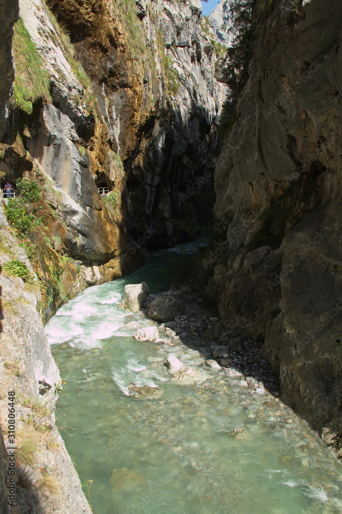 Obraz premium Valley of Rio Cares at hiking track Ruta del Cares from Poncebos to Cain in Picos de Europa in Asturia,Spain,Europe