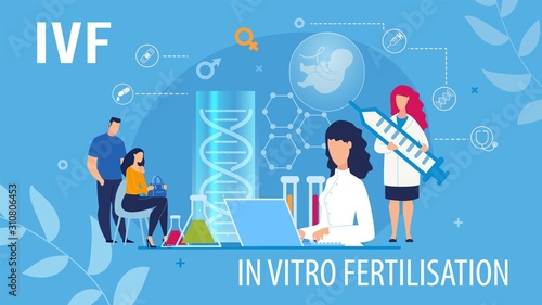 Flat Advertising Banner Offering In Vitro Fertilization Service. Cartoon Couple at Doctor Appointment. Medical Consultation, Analysis and Test. Embryo Development. Vector IVF Illustration