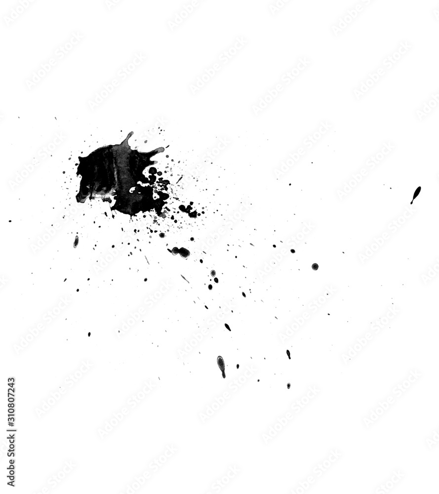 Black ink splash and drops isolated on white background