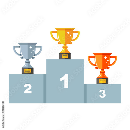 pedestal with three cups. gold, silver and bronze. award ceremony. flat windy illustration.