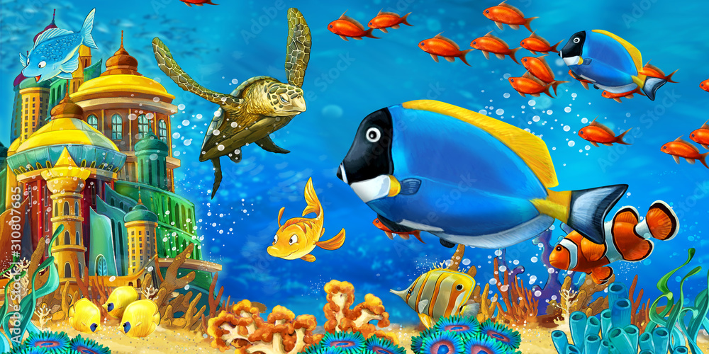 Fototapeta premium cartoon scene animals swimming on colorful and bright coral reef - illustration for children