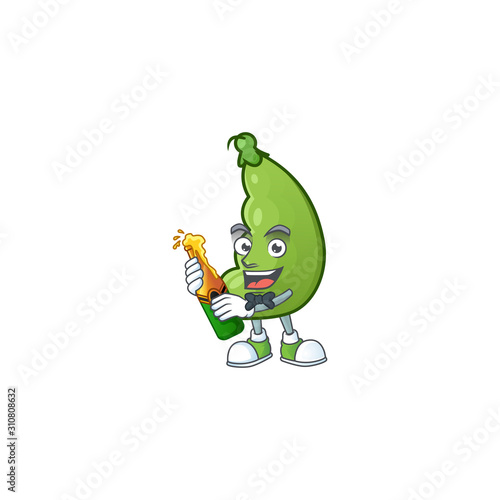 Happy broad beans with beer cartoon character design