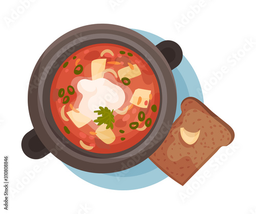 Red Soup Poured and Served in Bowl Top View Vector Illustration