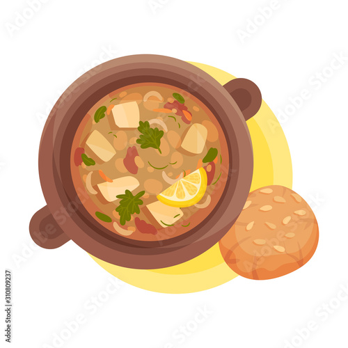 Vegetable Soup Poured and Served in Bowl Top View Vector Illustration