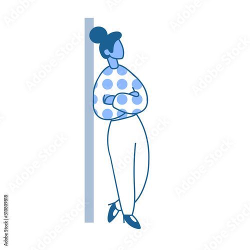Businesslady in dotted blouse standing leaning against the wall with her arms crossed. Concept for banners, infographics, web pages. Flat vector illustration. Isolated on white background.