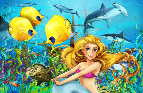 Cartoon ocean and the mermaid in underwater kingdom swimming with fishes - illustration for children