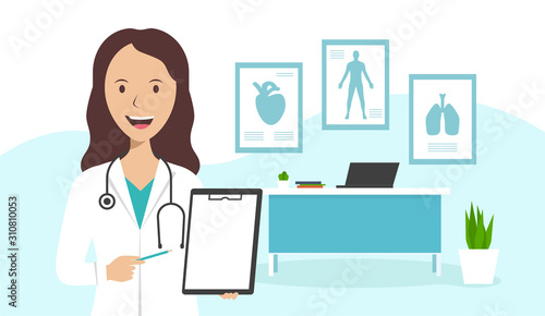 A female doctor is standing in the office and holding a sheet of paper with a diagnosis. Medical testing concept. Family doctor shows diagnosis and offers vaccination. Doctor's workplace set