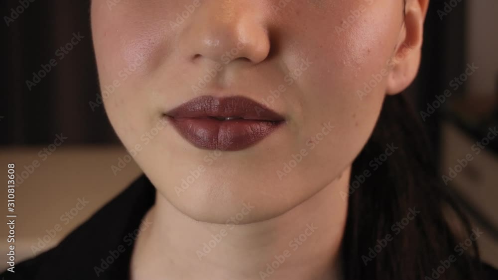 Lips of a young woman close-up. Bright burgundy lips. Lips of a young woman close-up. Bright burgundy lips.