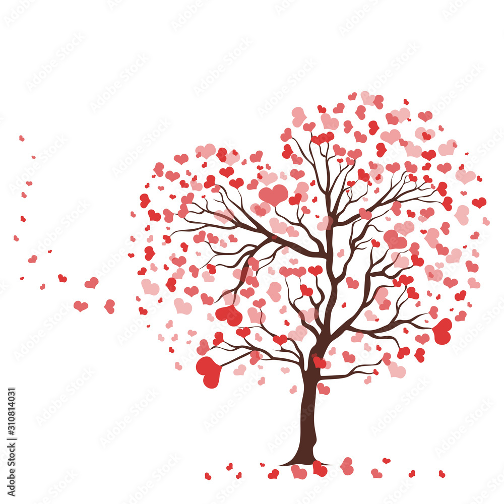 Tree with leaves in the shape of hearts isolate on a white background. Vector graphics