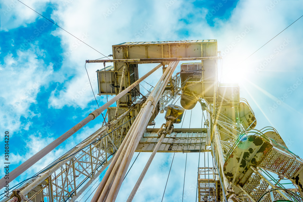 Drilling rig in oil field for drilled into subsurface in order to produced crude, inside view. Petroleum Industry. Onshore drilling rig