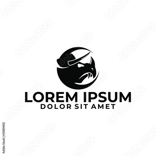 Rhino head silhouette logo template with crescent moon combination in flat design monogram illustration