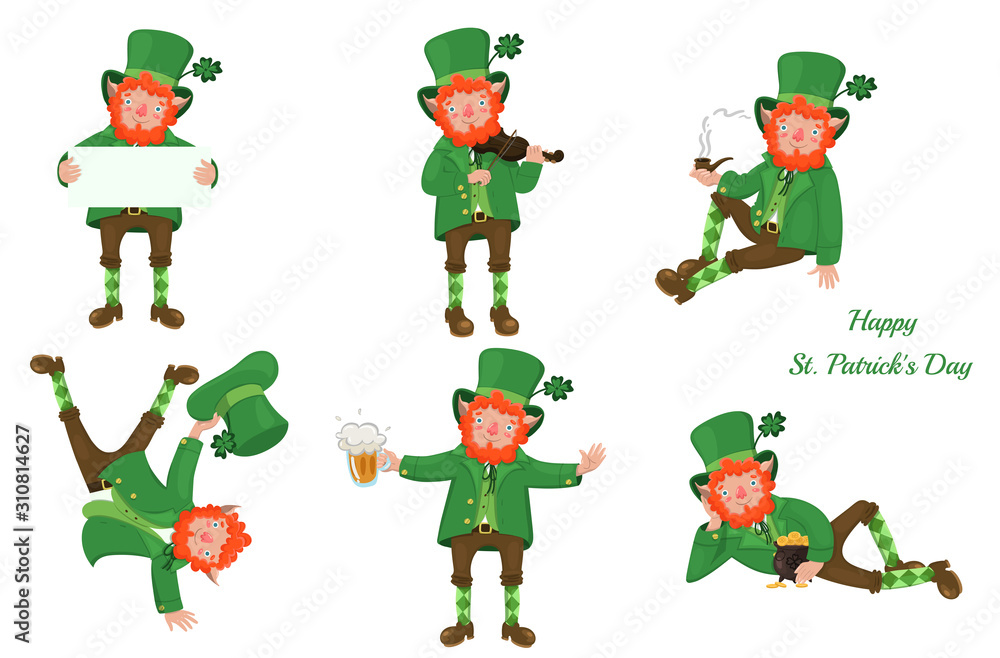 Set of leprechauns Isolated on a white background. Vector graphics.